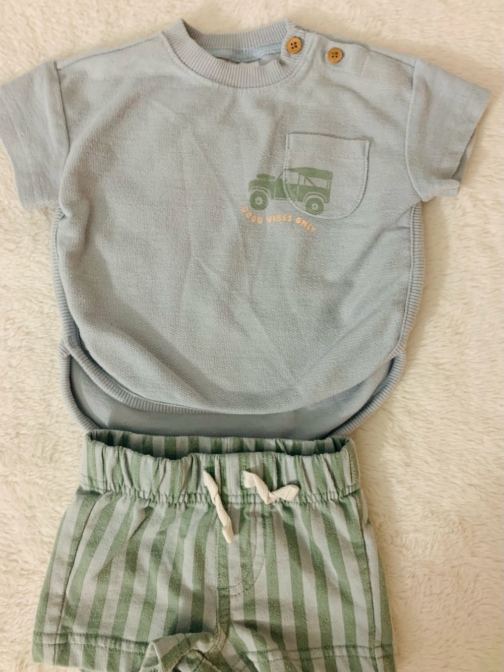 Carter's Light Blue Tee with Sage Green Striped Shorts Set